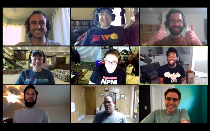 Angelo, Tantek, Karthik, Chris, Jordan, Jacky, Maxwell, David, and Aaron in a 3x3 grid, participating in a Zoom-based Homebrew Website Club meetup.