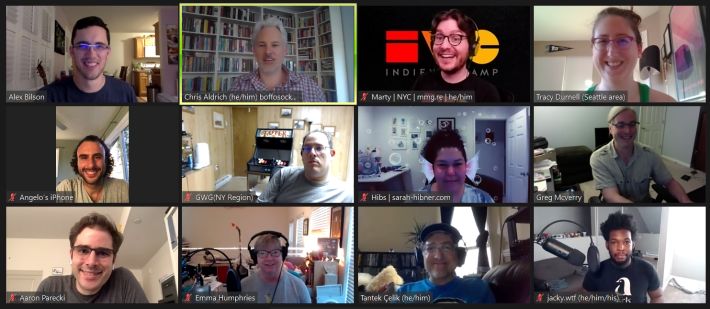 The smiling faces of the 12 people who showed up for HWC West this week in a 3x4 Zoom grid.