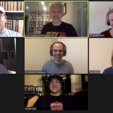 The smiling faces of a zoom capture of the nine people that attended HWC West.