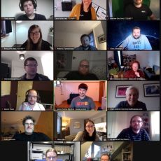 Screenshot of the Tech Nottingham Zoom call, with 17 smiling attendees with cameras on, out of a total 32 attendees. Near the centre, you can see Jamie, the speaker, wearing an IndieWeb Camp t shirt.