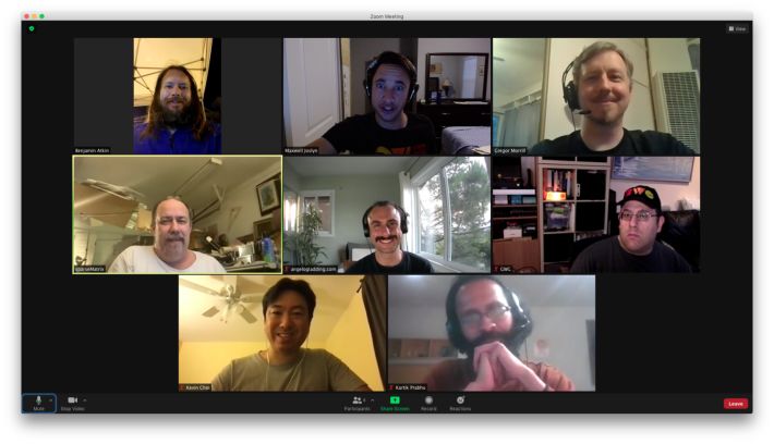 Grid of HWC 2021-05-12 participants in a Zoom video call.
Left to right, top to bottom:
Ben, Maxwell, gRegor
James, Angelo, Dave
Kevin, Kartik