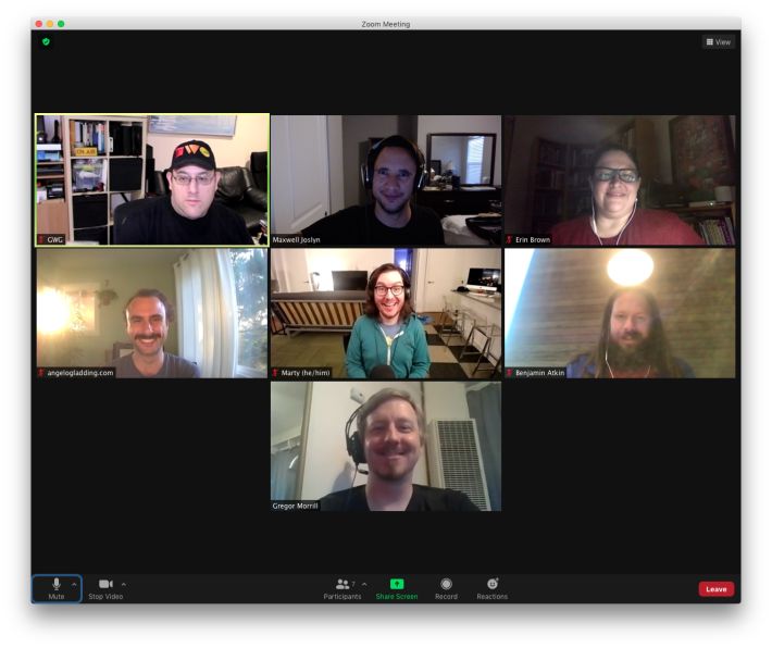 HWC Americas attendees on Zoom, exhibiting excellent eyes-on-camera compliance.
Left to right, top to bottom:
Dave, Maxwell, Erin; Angelo, Marty, Ben; Gregor