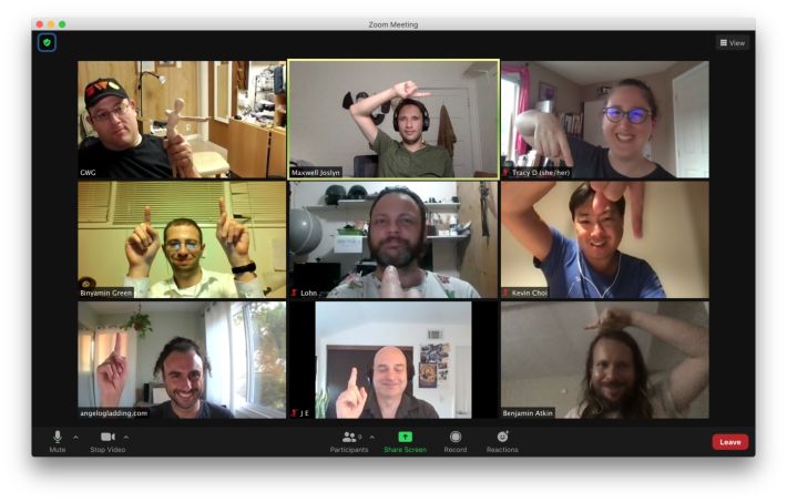 HWC Americas participants on 2021-08-25, arranged into a grid courtesy of Zoom, and pointing at each in a spiral which begins in the bottom left and ends in the center.
Left to right, top to bottom:
Dave, Maxwell, Tracy;
Binyamin, Lohn, Kevin;
Angelo, Johannes, Ben