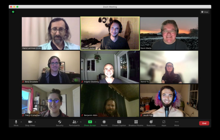 Grid of HWC Americas 2021-09-15 attendees, participating on Zoom. Left to right, top to bottom:
Hans (welcome!), Maxwell, Kevin; Benji, Angelo, Astrid; Tracy, Ben, Jacob