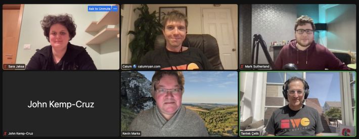 Six attendees on Zoom at HWC Europe/London including Sara, Calum, Mark, John, Kevin and Tantek