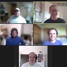 screenshot of zoom window with five attendees at the 2022 July 20 HWC Pacific, smiling at the camera for the most part