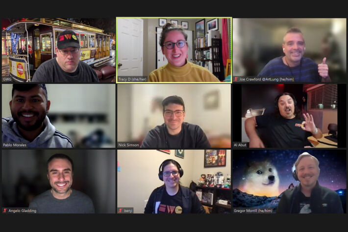 zoom screenshot of grid of nine people at Homebrew Website Club