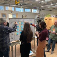 5 people gather around a whiteboard moving sticky notes as they plan a schedule.