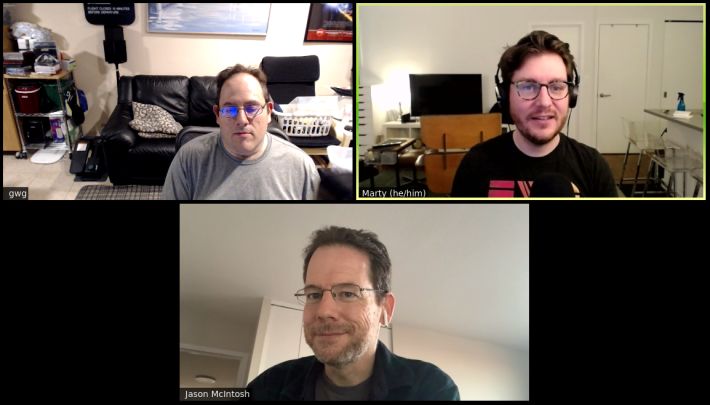 A Zoom call with three participants, David Shanske, Jason McIntosh, and Marty McGuire.