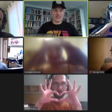 Seven attendees in a screen capture photo from Zoom. Many are making a heart shape with their hands because they love the IndieWeb.